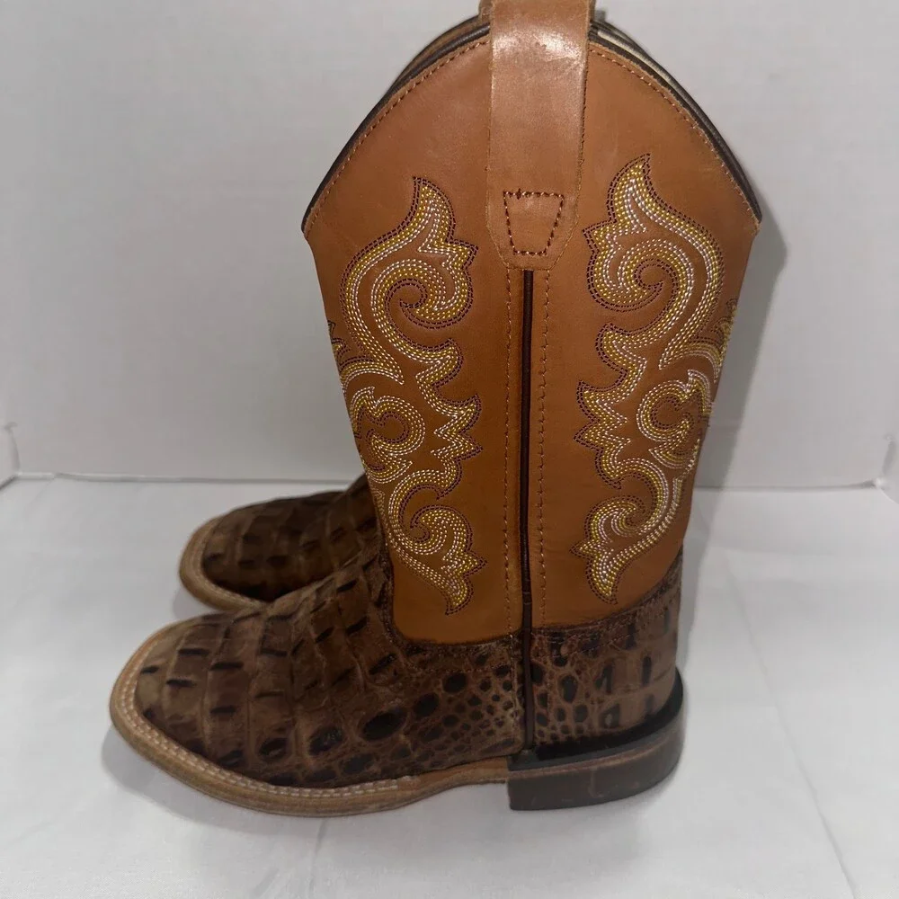 Old West Kids 12.5 D Cowboy Boots Brown Croc Embossed Leather Square Toe